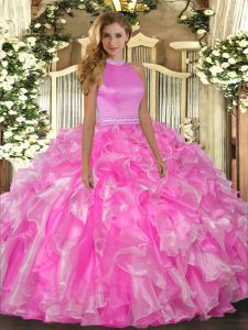 Rose Pink Sleeveless Organza Backless Sweet 16 Dress for Military Ball and Sweet 16 and Quinceanera