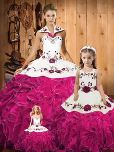 Fuchsia Ball Gowns Halter Top Sleeveless Tulle Floor Length Lace Up Embroidery and Ruffles Quinceanera Gown