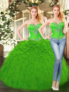 Clearance Green Ball Gowns Beading and Ruffles 15 Quinceanera Dress Lace Up Organza Sleeveless Floor Length
