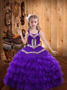 Dramatic Eggplant Purple Ball Gowns Organza Straps Sleeveless Beading and Embroidery and Ruffled Layers Floor Length Lac