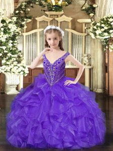 Organza V-neck Sleeveless Lace Up Beading and Ruffles Pageant Dress for Teens in Lavender