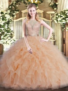 Tulle Scoop Sleeveless Backless Beading and Ruffles Quinceanera Gowns in Peach