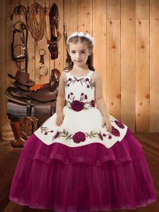 Fuchsia Organza Lace Up Straps Sleeveless Floor Length Pageant Dresses Embroidery and Ruffled Layers