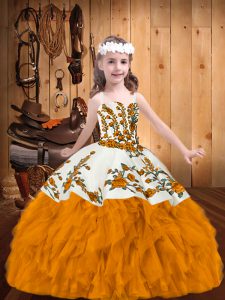 Sleeveless Zipper Floor Length Embroidery and Ruffles Little Girl Pageant Dress