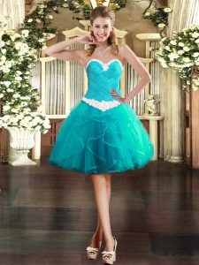 Pretty Sweetheart Sleeveless Tulle Prom Evening Gown Appliques and Ruffles Lace Up