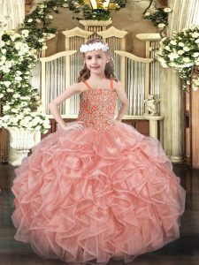 Gorgeous Pink Sleeveless Beading and Ruffles Floor Length Child Pageant Dress