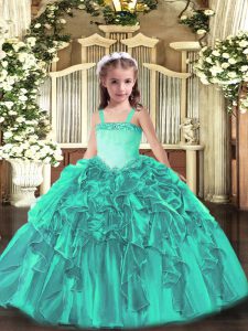 Sleeveless Organza Floor Length Lace Up Little Girls Pageant Dress in Turquoise with Appliques and Ruffles