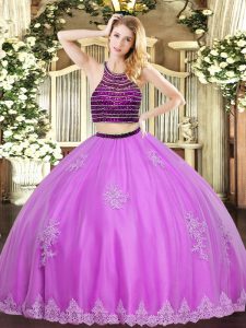 Vintage Tulle Halter Top Sleeveless Zipper Beading and Appliques Quinceanera Dress in Lilac