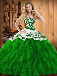 Admirable Floor Length Green Sweet 16 Dress Satin and Organza Sleeveless Embroidery and Ruffles