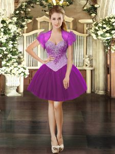 Noble Fuchsia Tulle Lace Up Sweetheart Sleeveless Mini Length Prom Evening Gown Beading