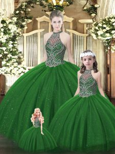 Suitable Dark Green Halter Top Lace Up Beading Quinceanera Gown Sleeveless