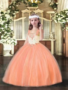 New Arrival Orange Red Ball Gowns Tulle Straps Sleeveless Beading Floor Length Lace Up Winning Pageant Gowns