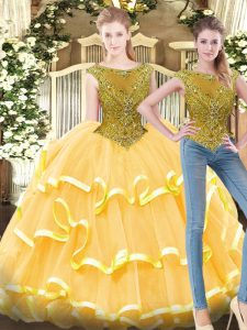 Floor Length Gold Quinceanera Gowns Tulle Sleeveless Beading and Ruffled Layers
