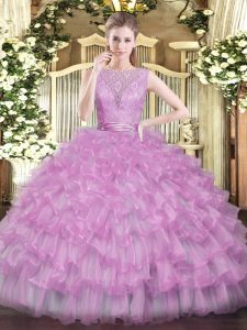 Fancy Sleeveless Tulle Floor Length Backless Quince Ball Gowns in Lilac with Beading and Ruffled Layers