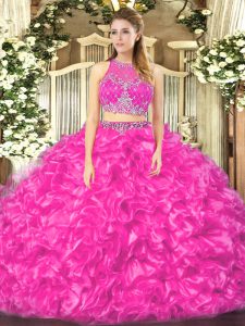Fuchsia Ball Gowns Beading and Ruffles Sweet 16 Dress Zipper Organza Sleeveless Floor Length