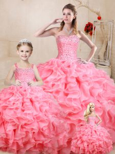Nice Watermelon Red Ball Gowns Sweetheart Sleeveless Organza Floor Length Lace Up Beading and Ruffles Quinceanera Gowns