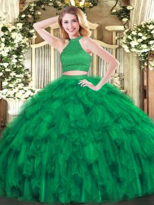 Edgy Sleeveless Organza Floor Length Backless Quinceanera Gowns in Green with Beading and Ruffles