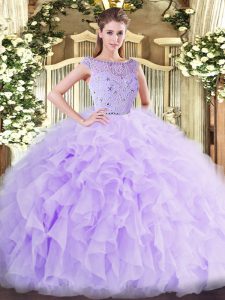 Chic Sleeveless Tulle Floor Length Zipper Vestidos de Quinceanera in Lavender with Beading and Ruffles
