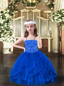 Fantastic Floor Length Blue Little Girls Pageant Dress Wholesale Spaghetti Straps Sleeveless Lace Up
