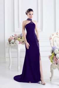 Sleeveless Elastic Woven Satin Sweep Train Lace Up Prom Party Dress in Purple with Beading