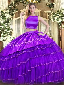 Purple Two Pieces High-neck Sleeveless Tulle Floor Length Criss Cross Embroidery and Ruffled Layers Quince Ball Gowns