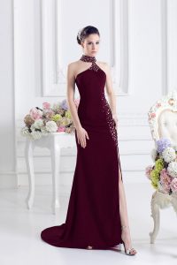 Halter Top Sleeveless Elastic Woven Satin Dress for Prom Beading Sweep Train Lace Up