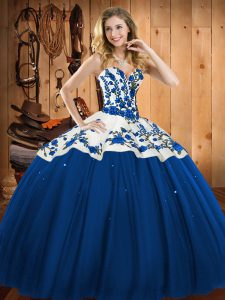 Latest Blue Ball Gowns Satin and Tulle Sweetheart Sleeveless Embroidery Floor Length Lace Up Sweet 16 Dress