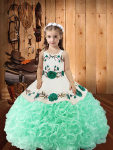 Apple Green Fabric With Rolling Flowers Lace Up Little Girls Pageant Dress Wholesale Sleeveless Floor Length Embroidery 