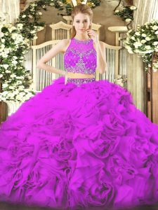 Lilac Ball Gowns Beading Vestidos de Quinceanera Zipper Fabric With Rolling Flowers Sleeveless Floor Length