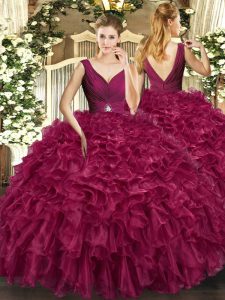 Flare Sleeveless Organza Floor Length Backless Quinceanera Dress in Burgundy with Beading and Ruffles