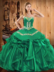 Organza Sweetheart Sleeveless Lace Up Embroidery and Ruffles Vestidos de Quinceanera in Green