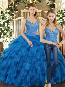 Sleeveless Floor Length Beading and Ruffles Lace Up Ball Gown Prom Dress with Teal
