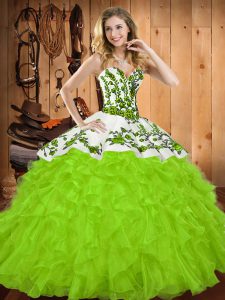 Extravagant Sweetheart Sleeveless Sweet 16 Dress Floor Length Embroidery and Ruffles Yellow Green Satin and Organza