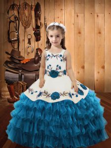 Teal Straps Lace Up Embroidery and Ruffled Layers Little Girl Pageant Dress Sleeveless