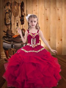 Red Ball Gowns Organza Straps Sleeveless Embroidery and Ruffles Floor Length Lace Up Little Girls Pageant Gowns
