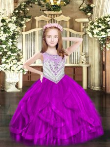 Fuchsia Tulle Zipper Pageant Gowns For Girls Sleeveless Floor Length Beading and Ruffles