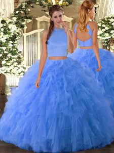 Shining Two Pieces 15th Birthday Dress Baby Blue Halter Top Tulle Sleeveless Floor Length Backless