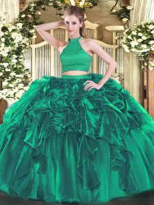 Turquoise Sleeveless Organza Backless Quince Ball Gowns for Military Ball and Sweet 16 and Quinceanera
