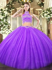 High-neck Sleeveless Backless Quinceanera Dresses Lavender Tulle