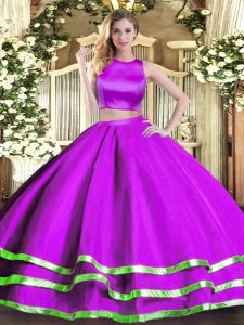 Purple Two Pieces Ruching Quince Ball Gowns Criss Cross Tulle Sleeveless Floor Length