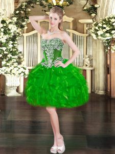 Modern Green Organza Lace Up Prom Gown Sleeveless Mini Length Beading and Ruffles