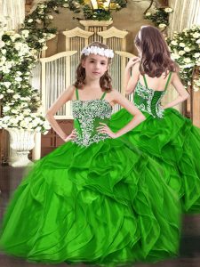 Appliques and Ruffles Kids Formal Wear Green Lace Up Sleeveless Floor Length