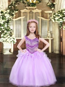 Lilac Ball Gowns Scoop Sleeveless Organza Floor Length Lace Up Beading Winning Pageant Gowns
