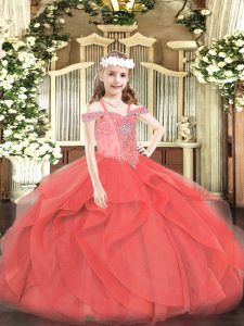 Discount Coral Red Little Girl Pageant Gowns Party and Quinceanera with Beading and Ruffles Off The Shoulder Sleeveless 