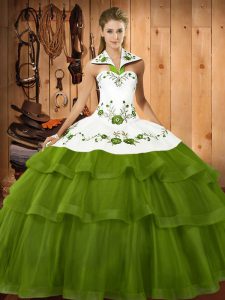 Olive Green Sweet 16 Quinceanera Dress Military Ball and Sweet 16 and Quinceanera with Embroidery and Ruffled Layers Hal