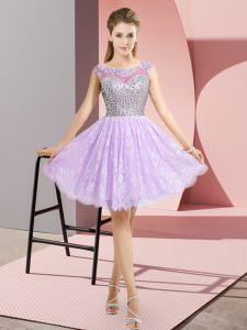 Stunning Scoop Cap Sleeves Prom Party Dress Mini Length Beading Lavender Lace