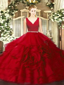 Wine Red Sleeveless Beading Floor Length Sweet 16 Quinceanera Dress