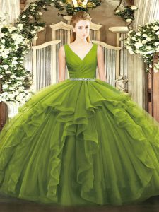 Glamorous Olive Green Zipper V-neck Beading and Ruffles 15th Birthday Dress Tulle Sleeveless