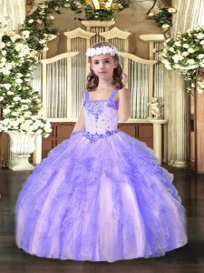 Lavender Ball Gowns Beading and Ruffles Girls Pageant Dresses Lace Up Organza Sleeveless Floor Length