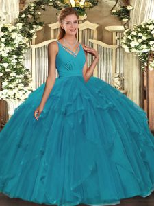 Teal Quince Ball Gowns Military Ball and Sweet 16 and Quinceanera with Ruffles V-neck Sleeveless Backless
